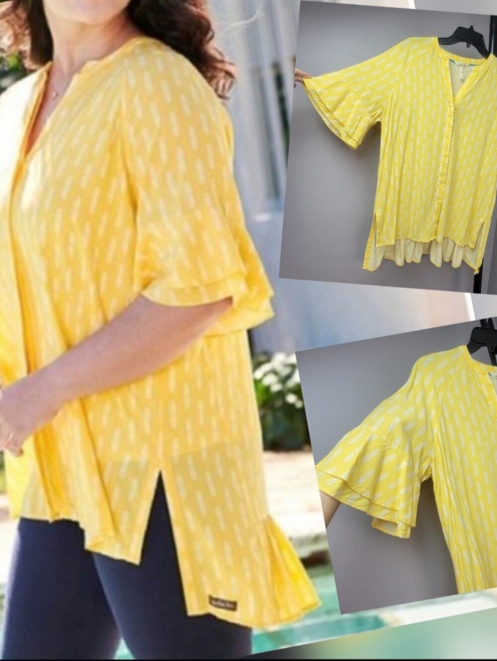 Matilda Jane Women's Small Yellow Blouse Tunic Split Hem Lightweight Relaxed Fit